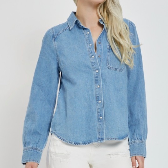 New Trending Perfect Cotton Denim Button Down Long Sleeve Top - Picture 4 of 7